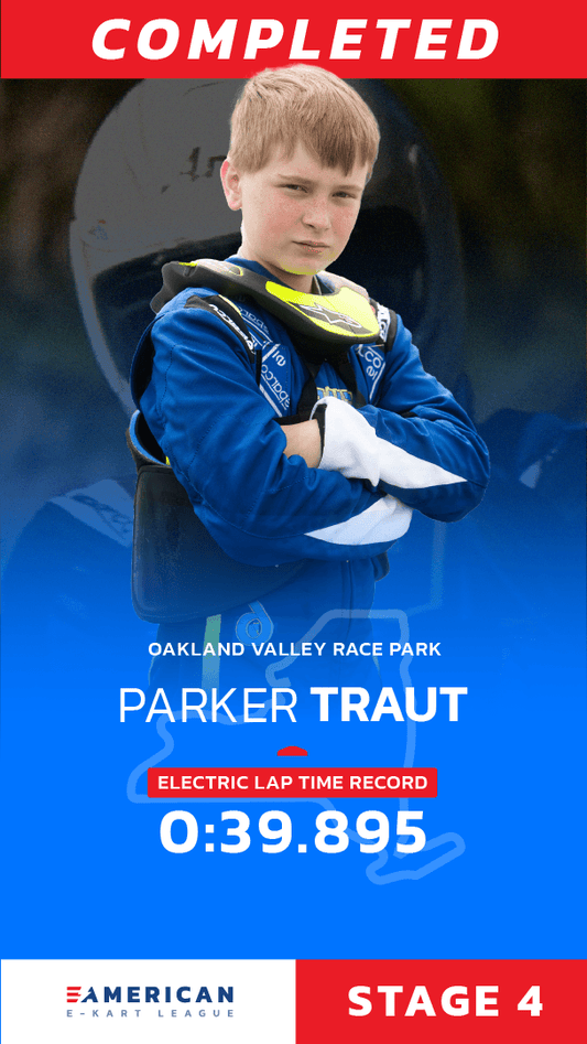 American Electric Karting League (AEKL) Stage 4 – Parker Traut sets electric lap record at Oakland Valley Race Park with a 39.895s time in Blue Shock Race kart
