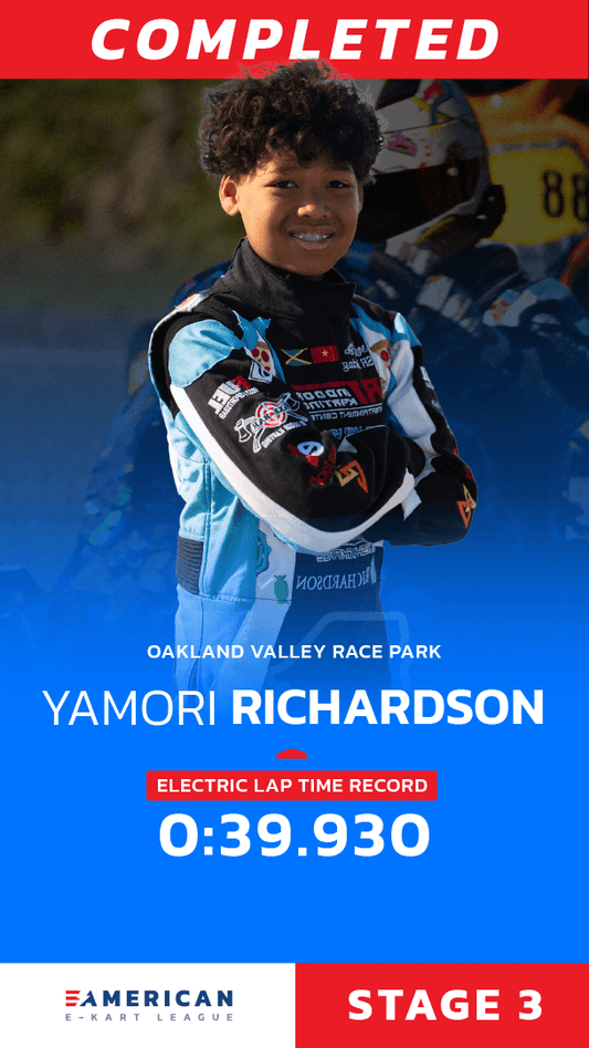 American Electric Karting League (AEKL) Stage 3 – Yamori Richardson sets 0:39.930 electric lap record at Oakland Valley Race Park in Blue Shock Race kart